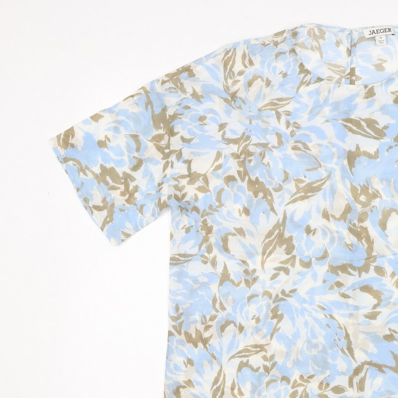Jaeger Women’s Blue Floral Cotton Silk Size 10 Short Sleeve Blouse