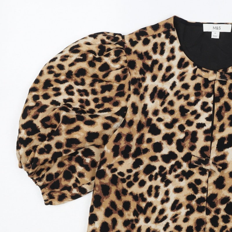 Marks and Spencer Women Multicoloured UK 12 Leopard Puff Sleeve Blouse