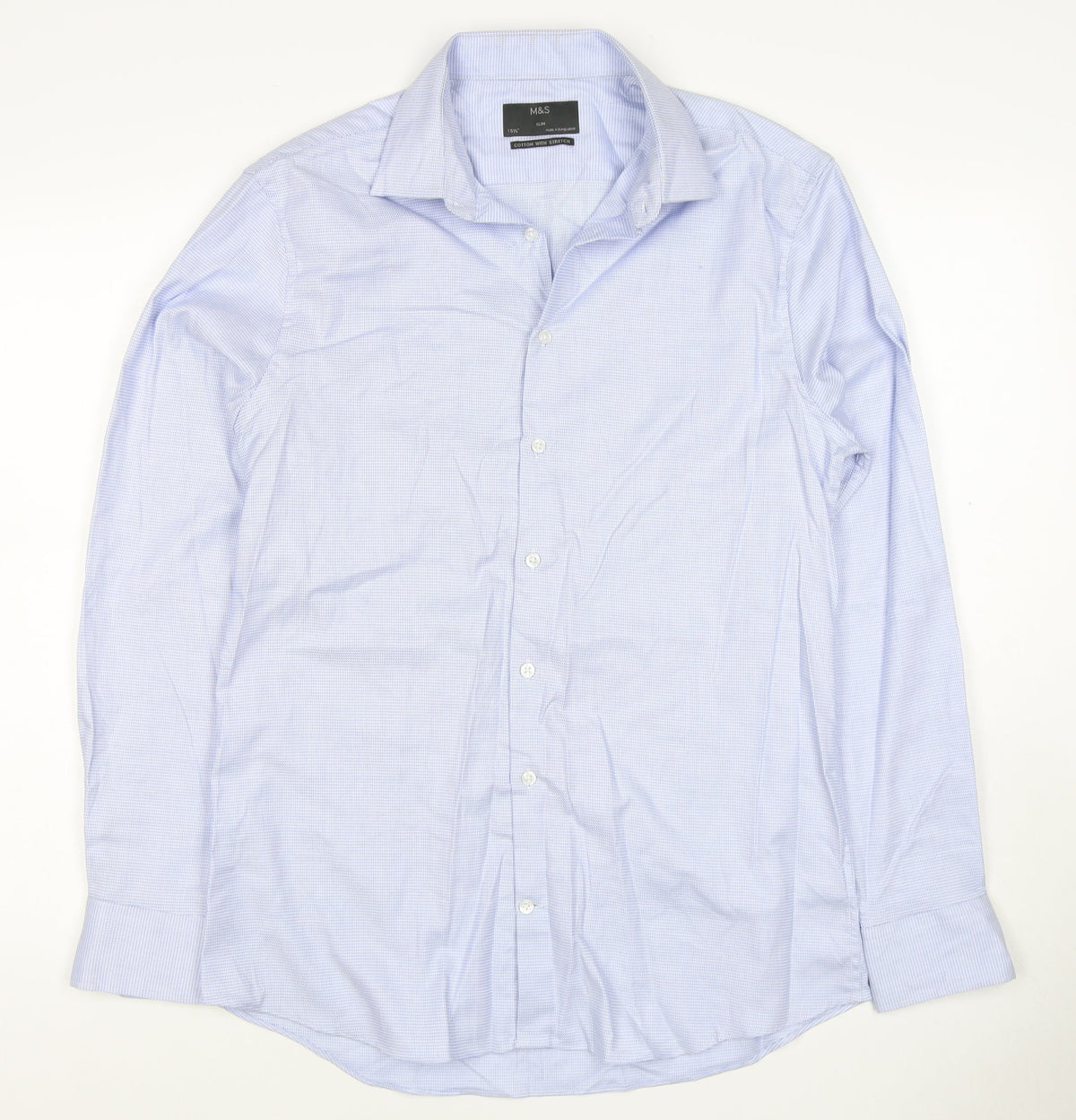 Marks & Spencer Men Blue Check Slim 15.5 Cotton Stretch Formal Shirt