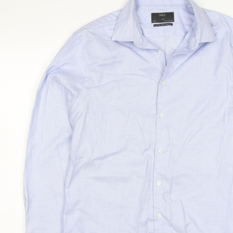 Marks & Spencer Men Blue Check Slim 15.5 Cotton Stretch Formal Shirt