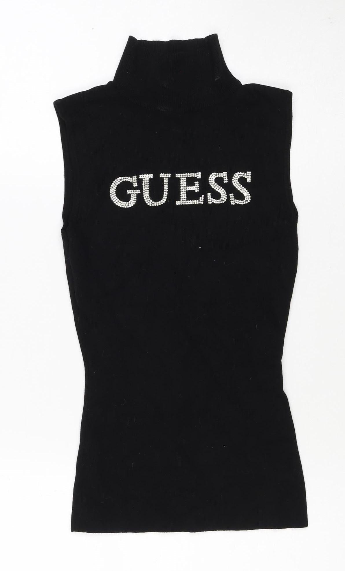 Guess Women’s Black S Rhinestone Logo Mock Neck Knit Tunic Tank Top