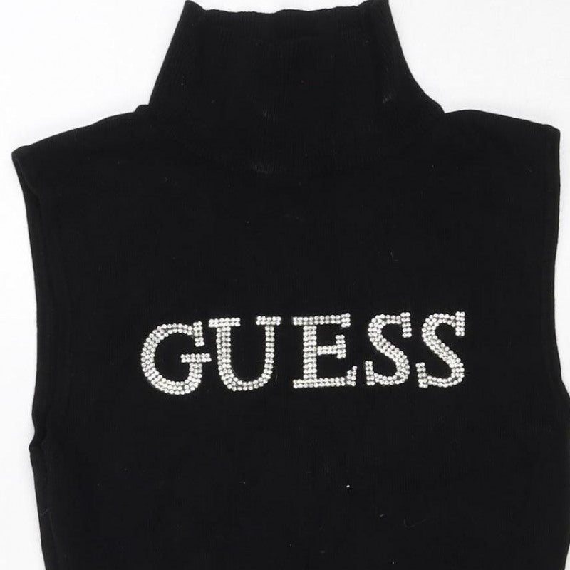 Guess Women’s Black S Rhinestone Logo Mock Neck Knit Tunic Tank Top