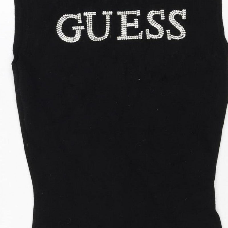 Guess Women’s Black S Rhinestone Logo Mock Neck Knit Tunic Tank Top