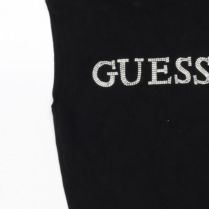 Guess Women’s Black S Rhinestone Logo Mock Neck Knit Tunic Tank Top