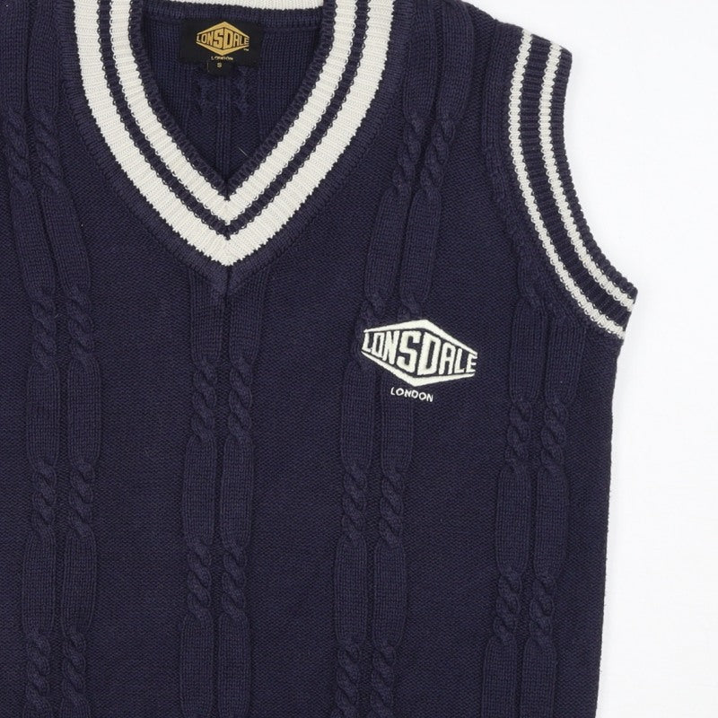 Lonsdale Men’s Navy S Cable Knit V-Neck Cricket Sweater Vest Logo