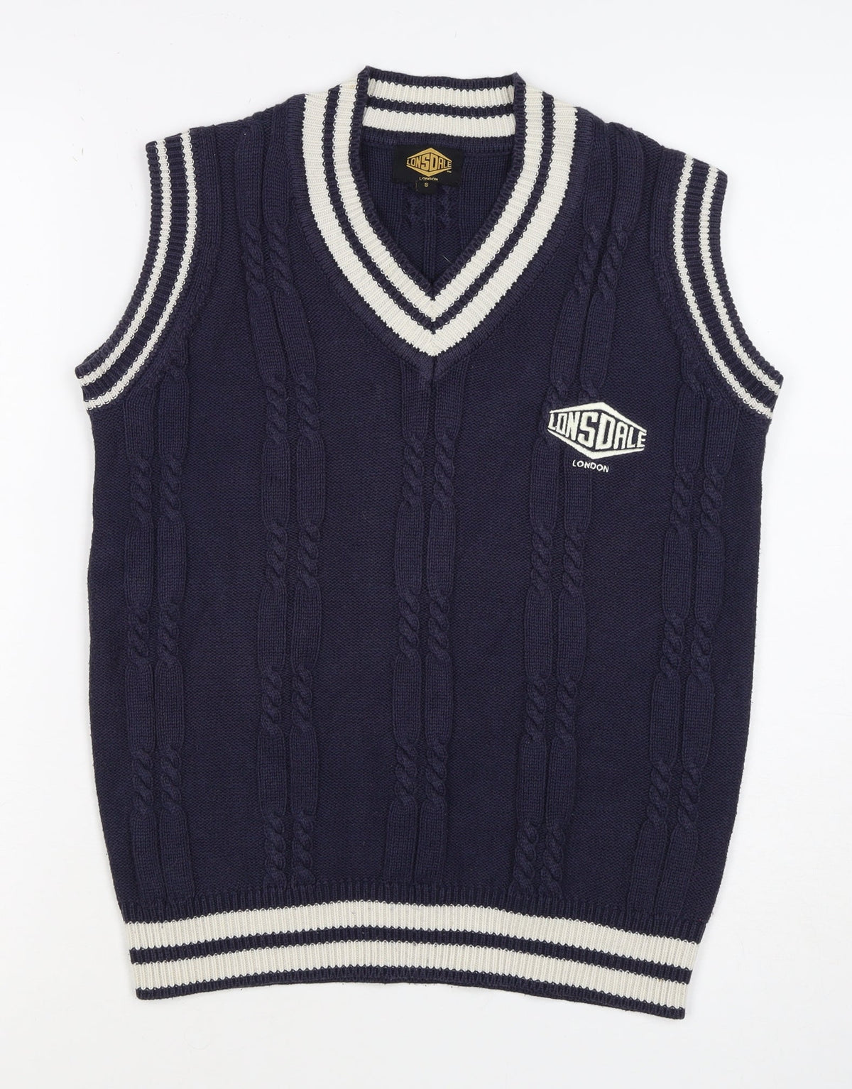 Lonsdale Men’s Navy S Cable Knit V-Neck Cricket Sweater Vest Logo