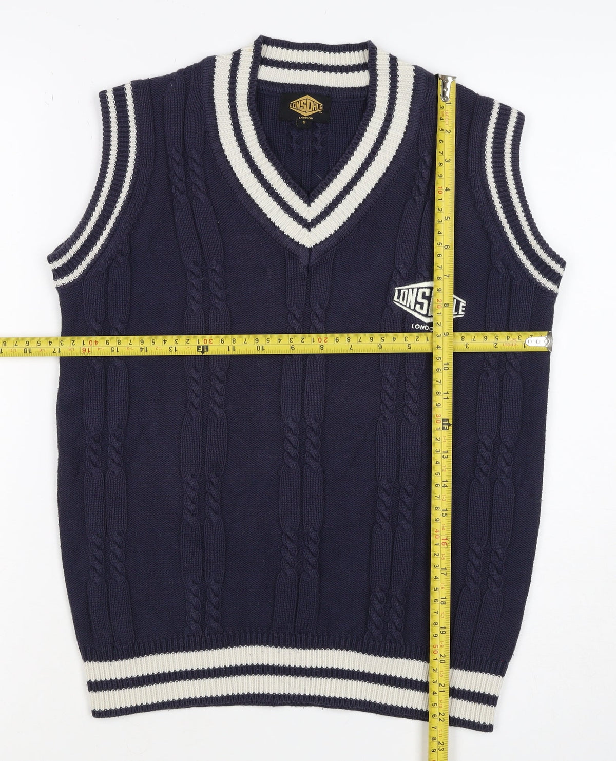Lonsdale Men’s Navy S Cable Knit V-Neck Cricket Sweater Vest Logo