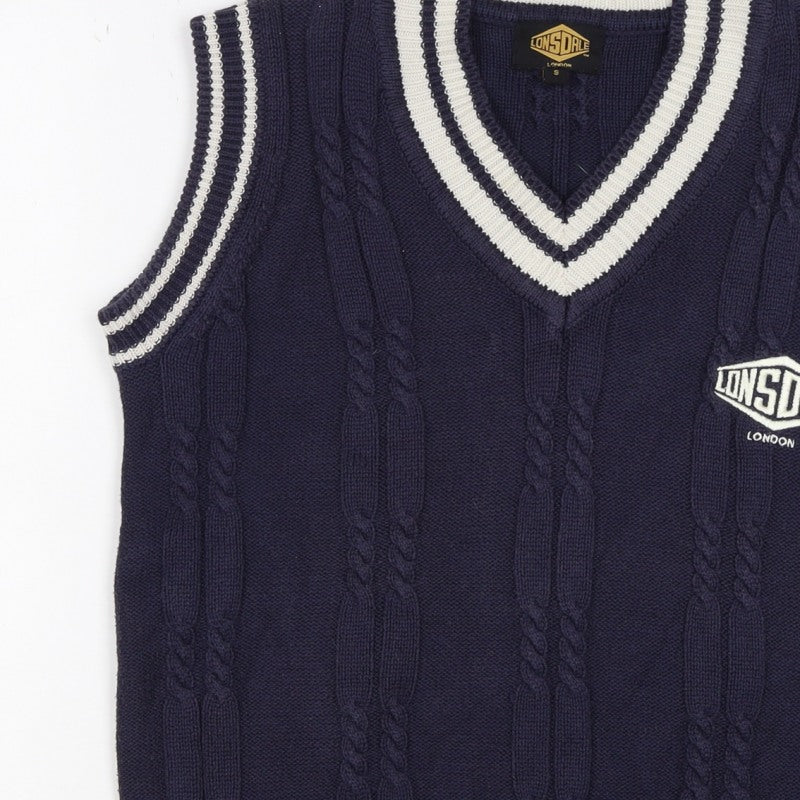 Lonsdale Men’s Navy S Cable Knit V-Neck Cricket Sweater Vest Logo
