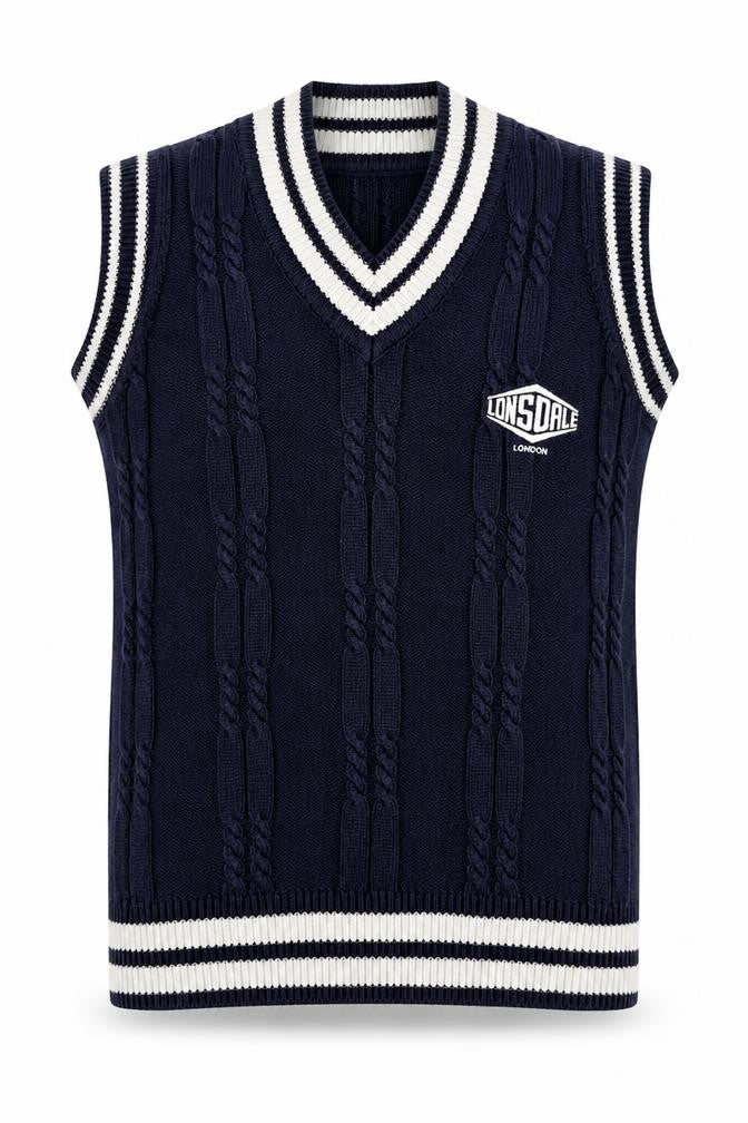 Lonsdale Men’s Navy S Cable Knit V-Neck Cricket Sweater Vest Logo