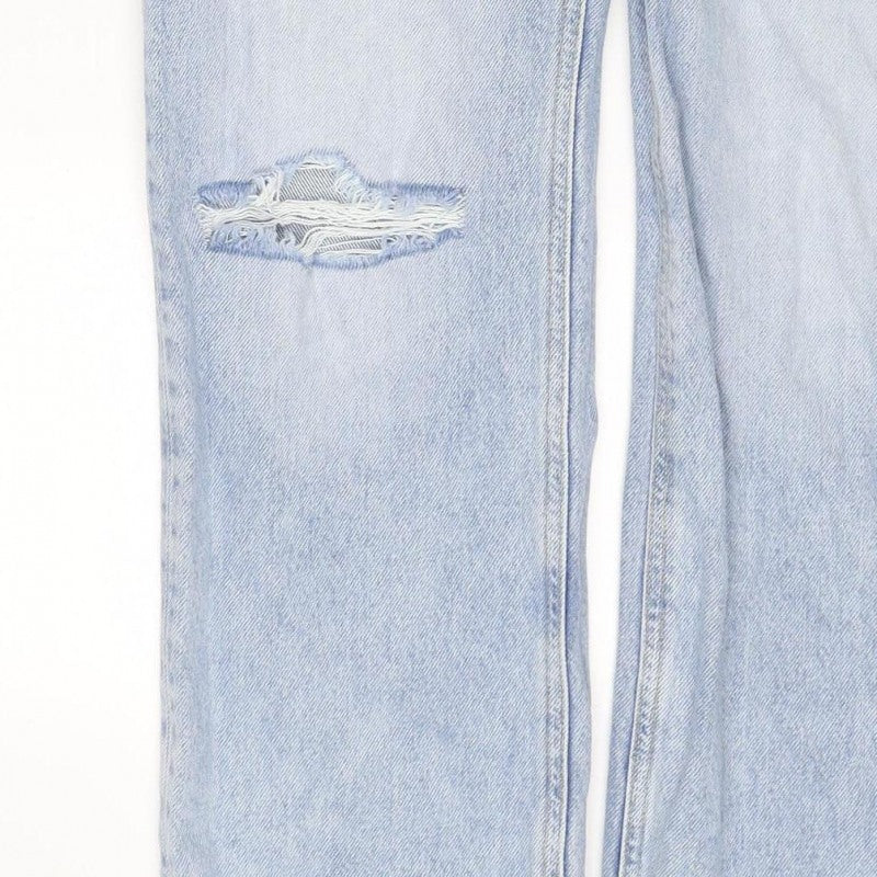 H&M Women’s Blue UK 10 High Rise Wide-Leg Distressed Cotton Jeans