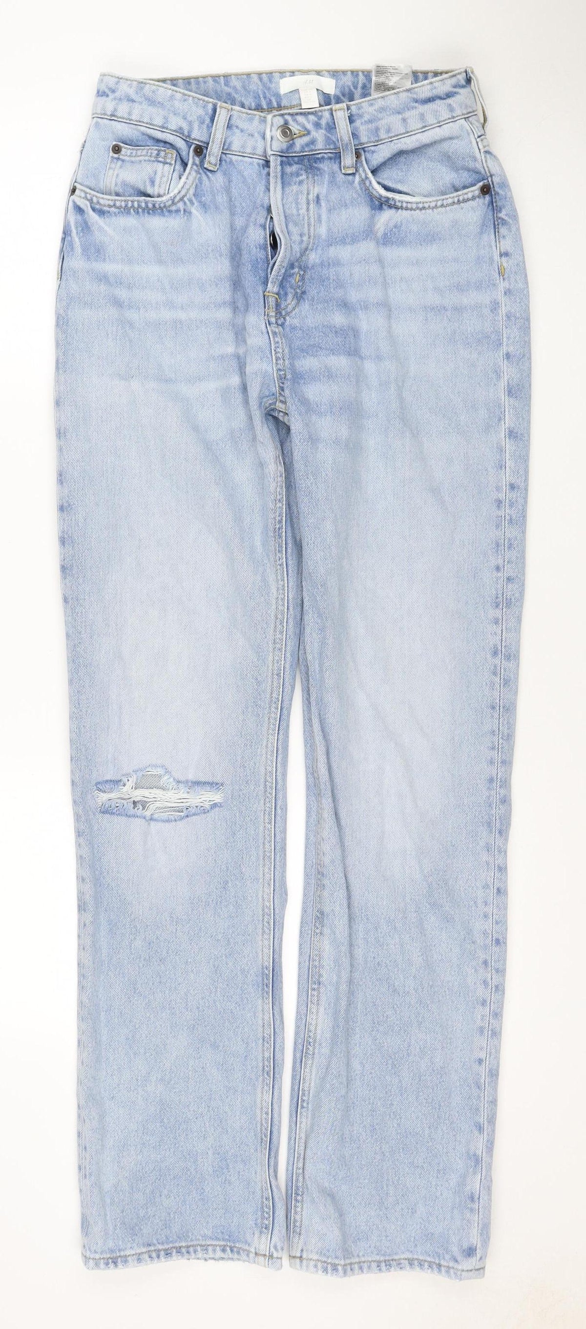 H&M Women’s Blue UK 10 High Rise Wide-Leg Distressed Cotton Jeans