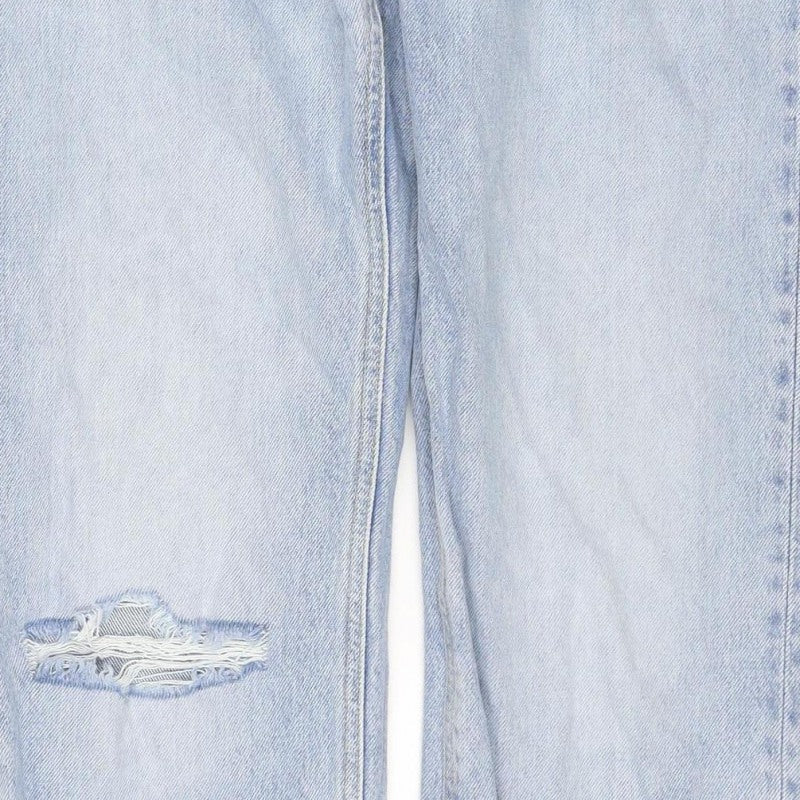 H&M Women’s Blue UK 10 High Rise Wide-Leg Distressed Cotton Jeans