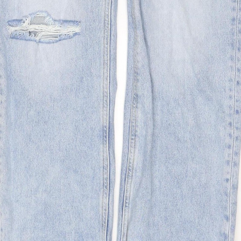 H&M Women’s Blue UK 10 High Rise Wide-Leg Distressed Cotton Jeans