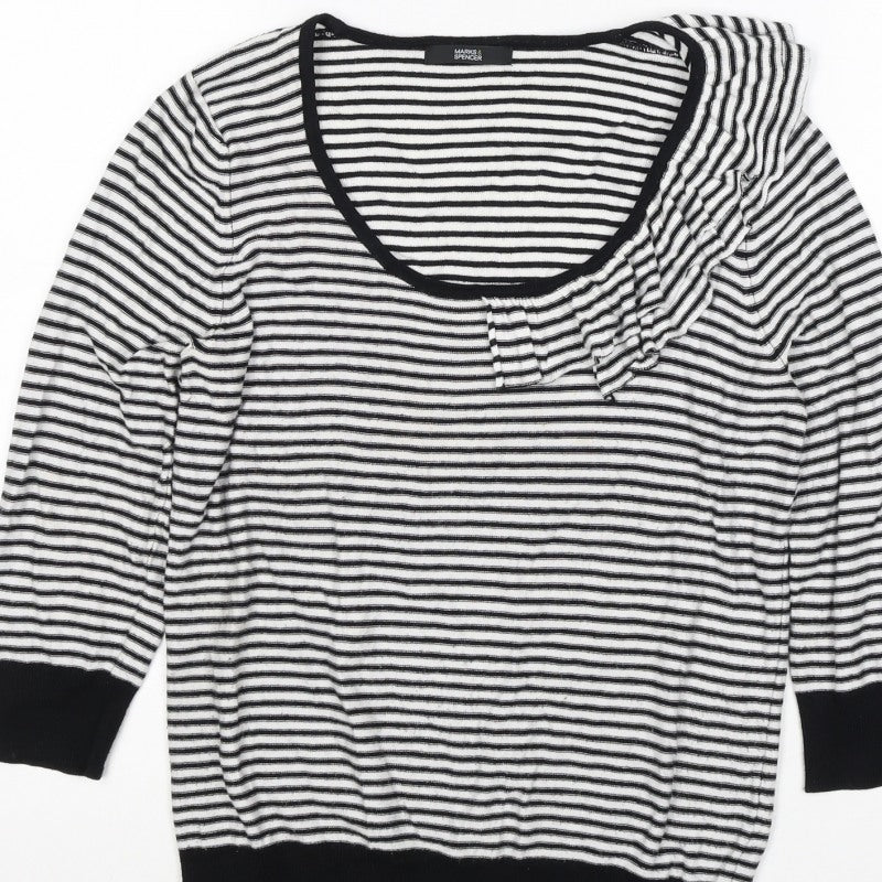 Marks & Spencer Women Black White UK 12 Striped Ruffle Knit Jumper