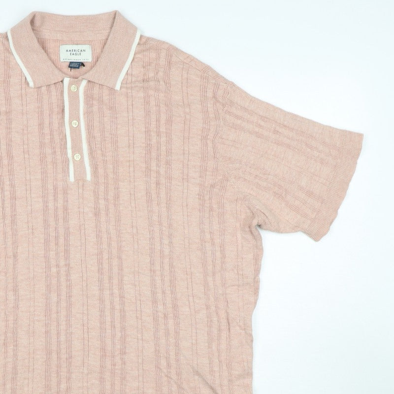 American Eagle Men's Pink 2XL Textured Striped Knit Polo Shirt