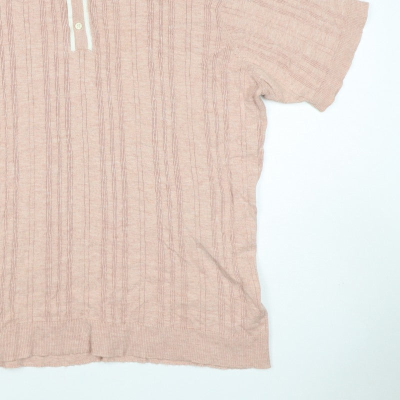 American Eagle Men's Pink 2XL Textured Striped Knit Polo Shirt