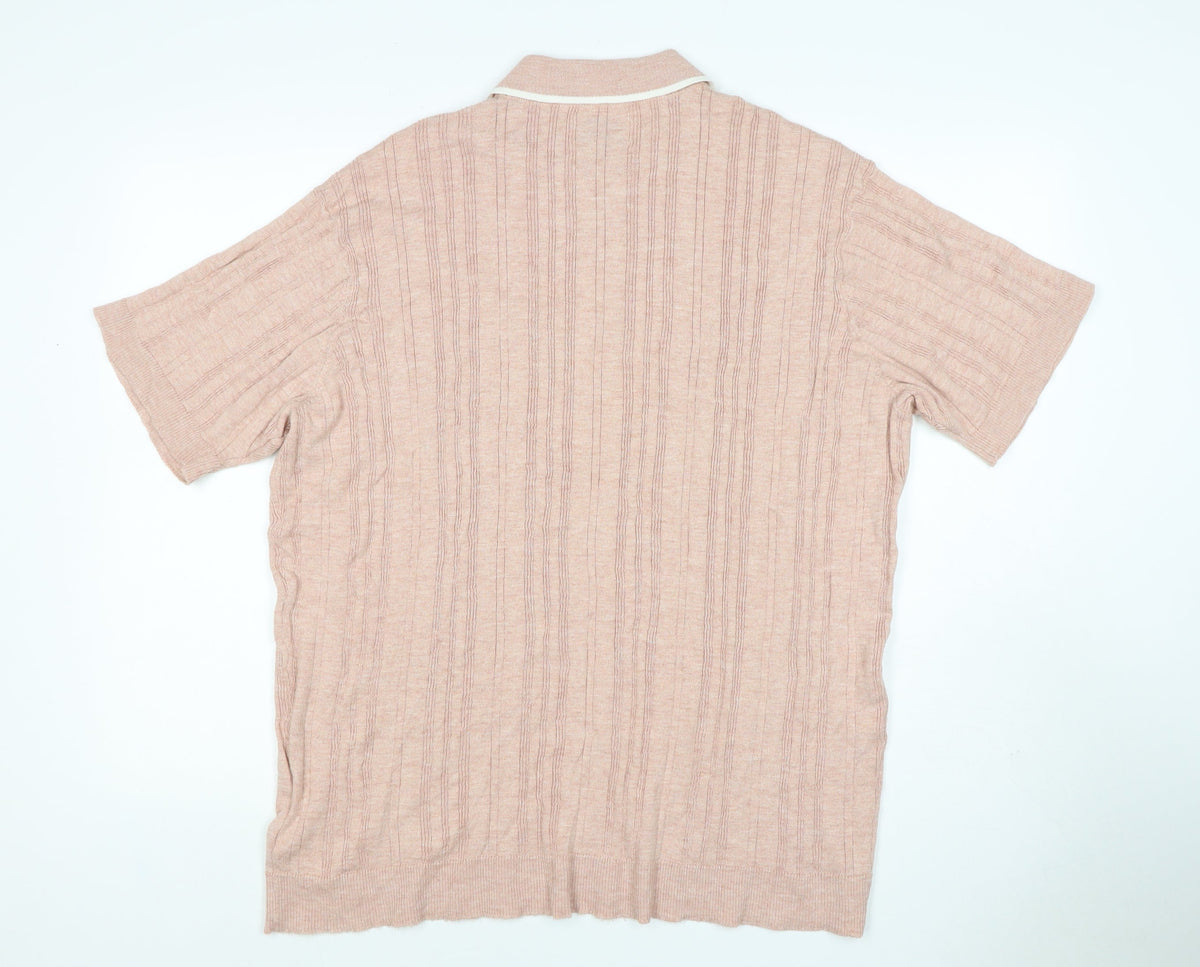 American Eagle Men's Pink 2XL Textured Striped Knit Polo Shirt