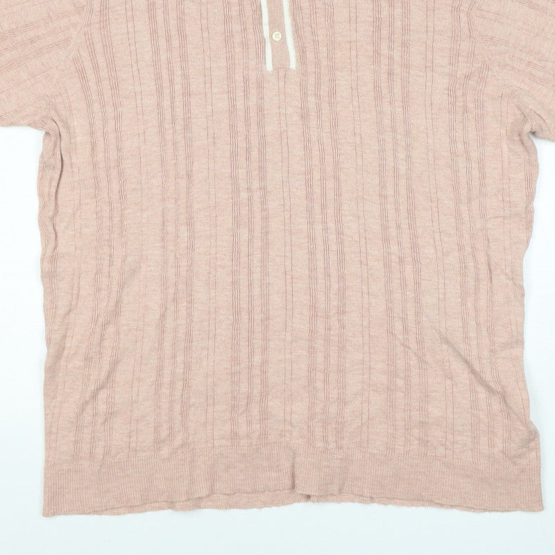 American Eagle Men's Pink 2XL Textured Striped Knit Polo Shirt
