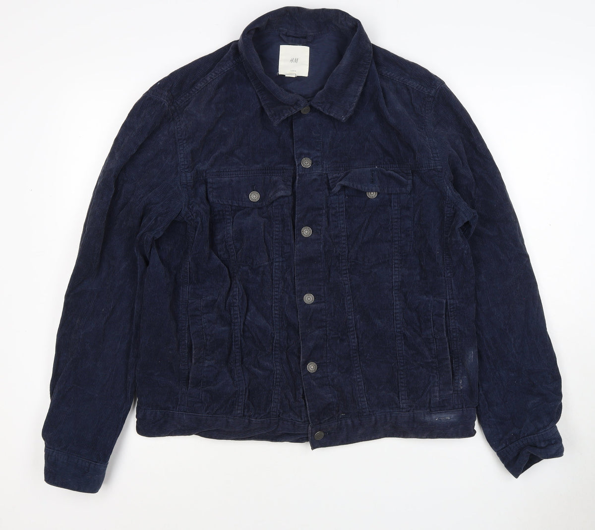 H&M Women’s Blue Corduroy Basic Jacket Size L Collared Button Casual