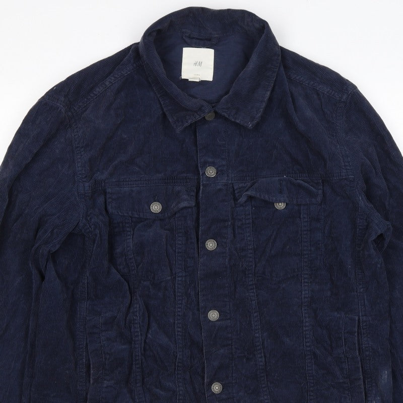 H&M Women’s Blue Corduroy Basic Jacket Size L Collared Button Casual