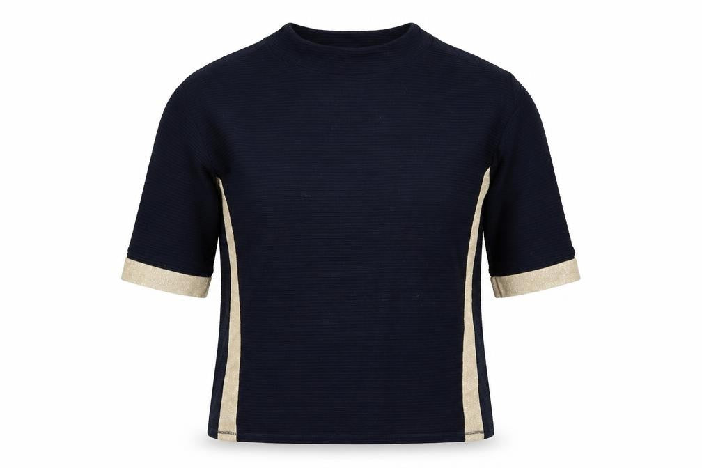 Betty Barclay Women Blue Gold Stripe Ribbed Jersey Top UK 10 3/4 Sleeve