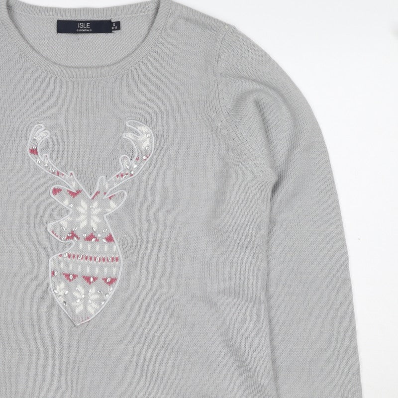 Isle Essentials Women Grey Size 10 Christmas Reindeer Fair Isle Jumper