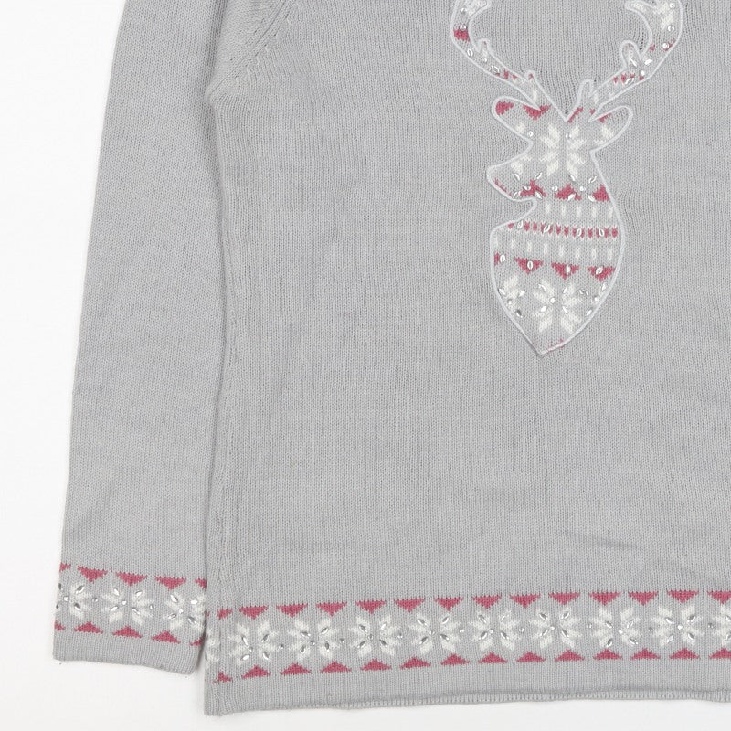 Isle Essentials Women Grey Size 10 Christmas Reindeer Fair Isle Jumper