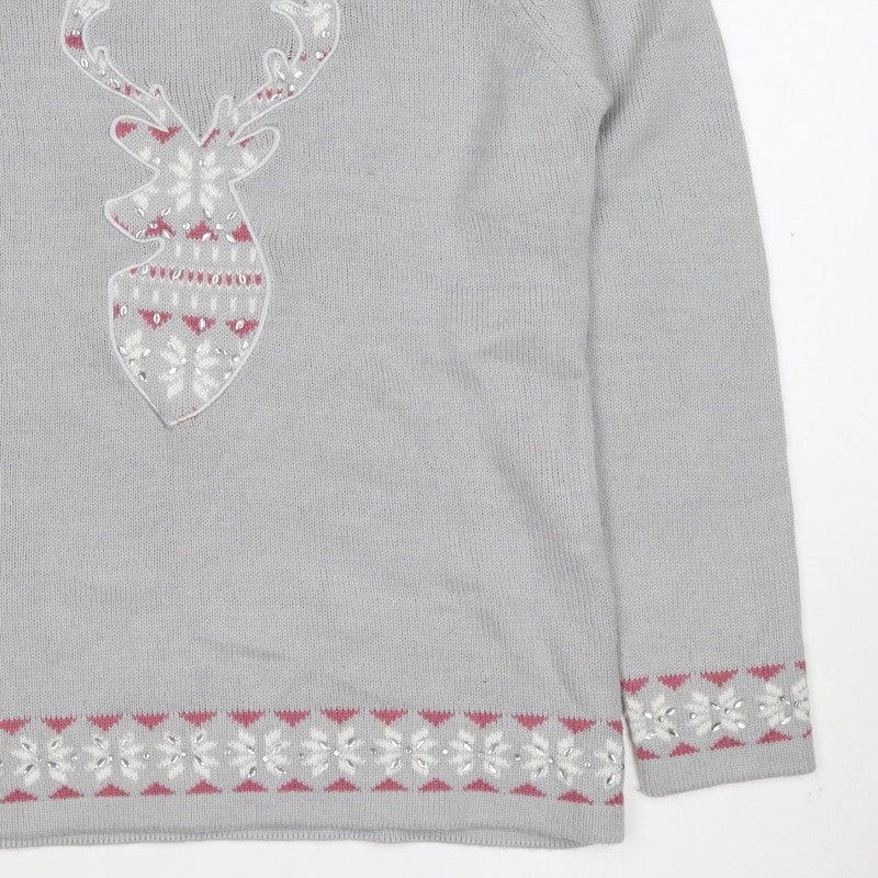 Isle Essentials Women Grey Size 10 Christmas Reindeer Fair Isle Jumper