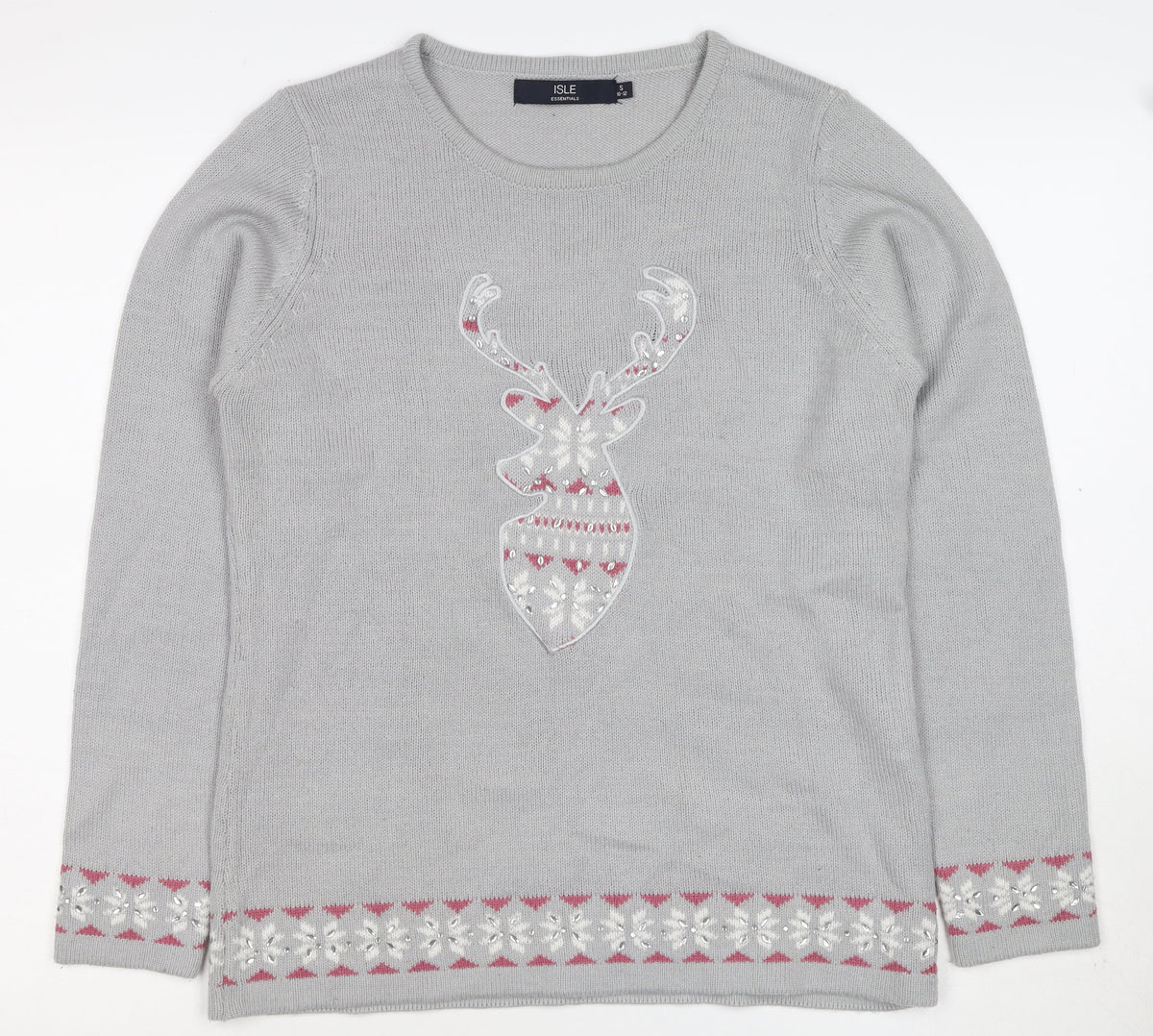 Isle Essentials Women Grey Size 10 Christmas Reindeer Fair Isle Jumper