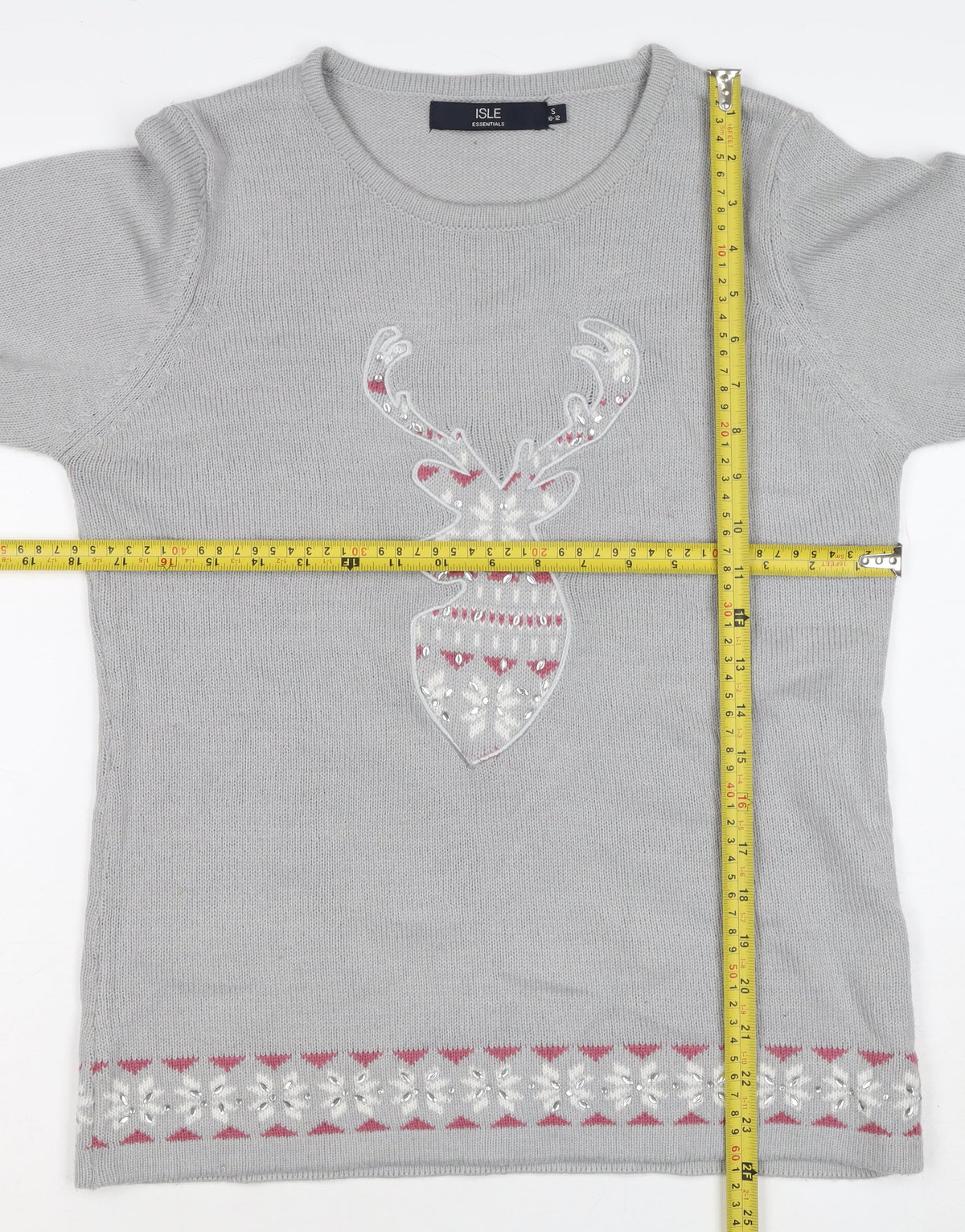 Isle Essentials Women Grey Size 10 Christmas Reindeer Fair Isle Jumper