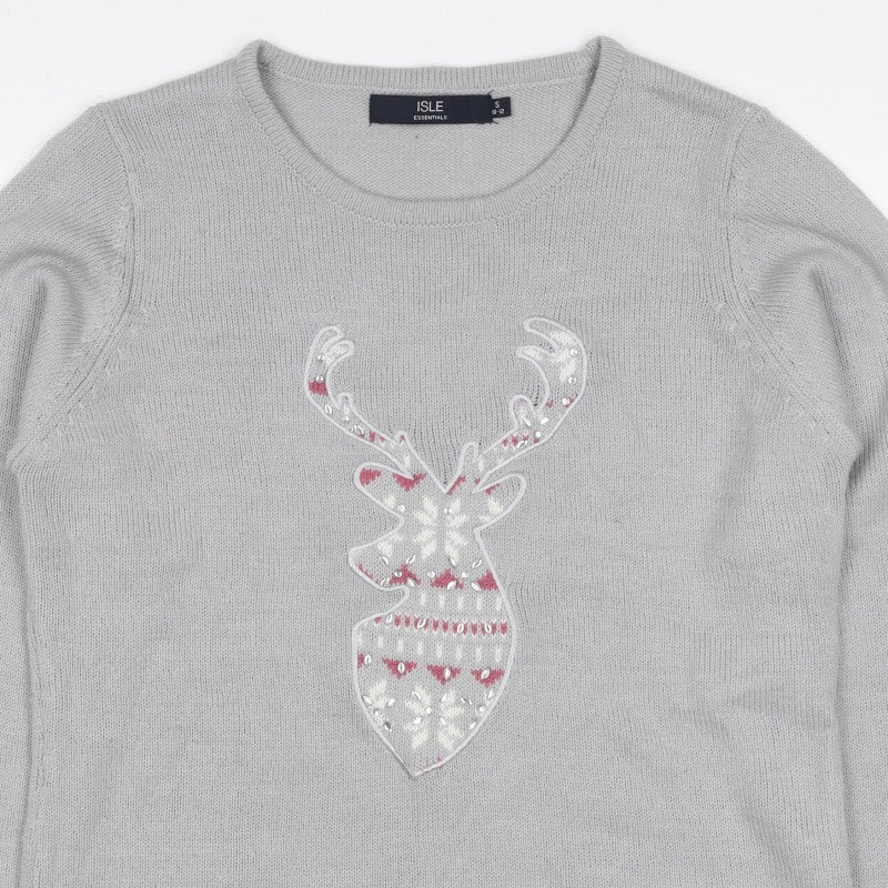 Isle Essentials Women Grey Size 10 Christmas Reindeer Fair Isle Jumper