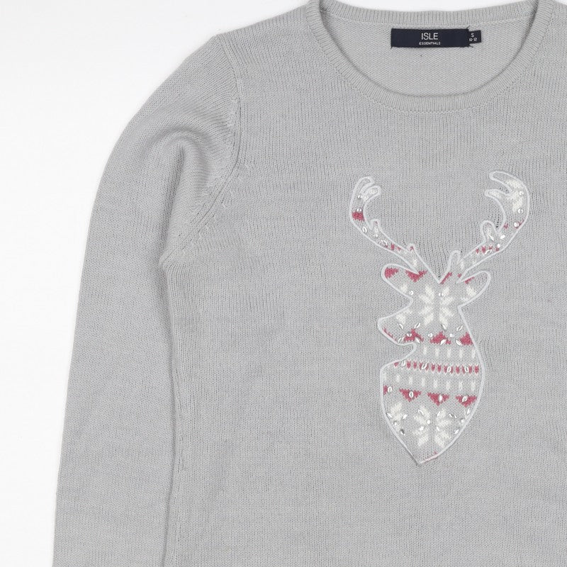Isle Essentials Women Grey Size 10 Christmas Reindeer Fair Isle Jumper