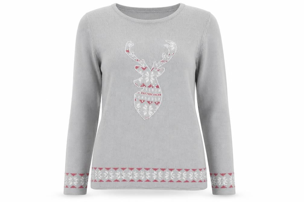 Isle Essentials Women Grey Size 10 Christmas Reindeer Fair Isle Jumper