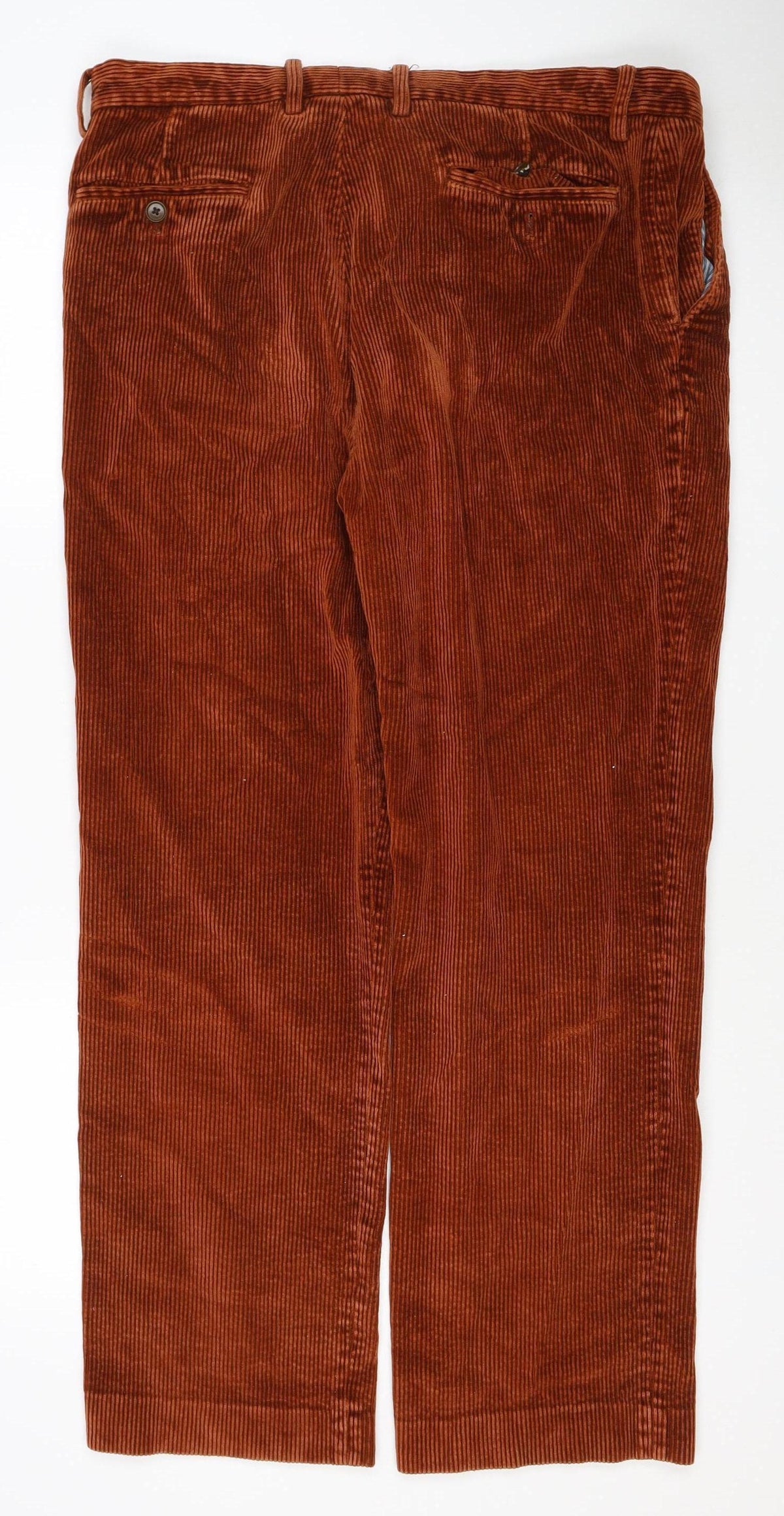 Close-up detail of John Lewis Men’s Brown Corduroy Straight Trousers 36L