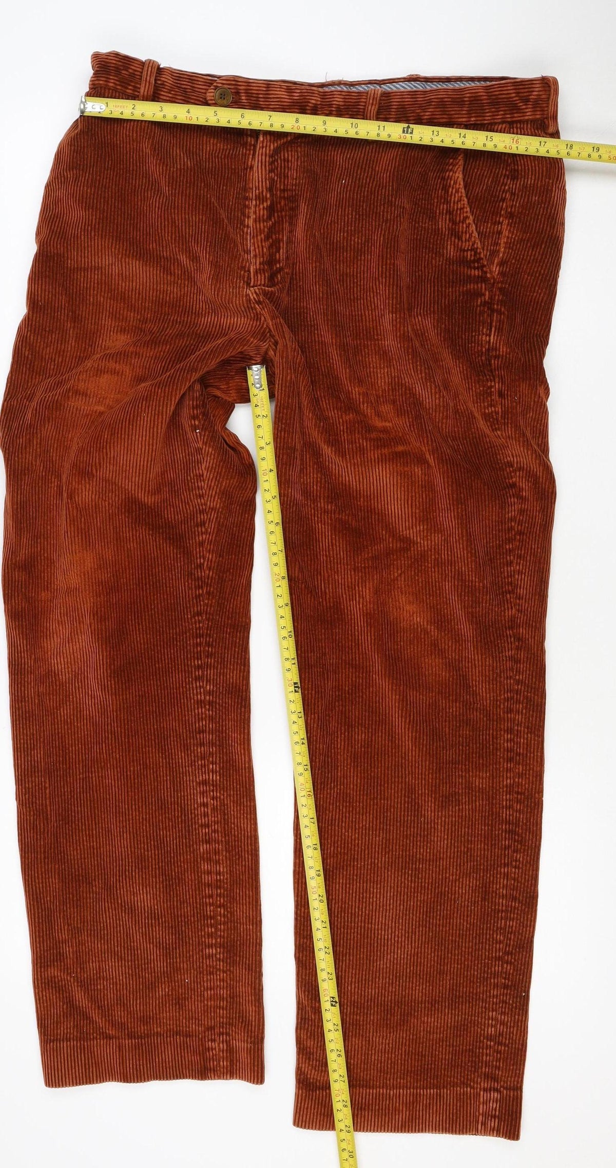 Brand and care label for John Lewis Men’s Brown Corduroy Straight Trousers 36L