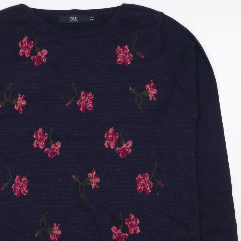 Isle Collection Women’s Blue Floral Glitter Knit Jumper UK 14 Pullover