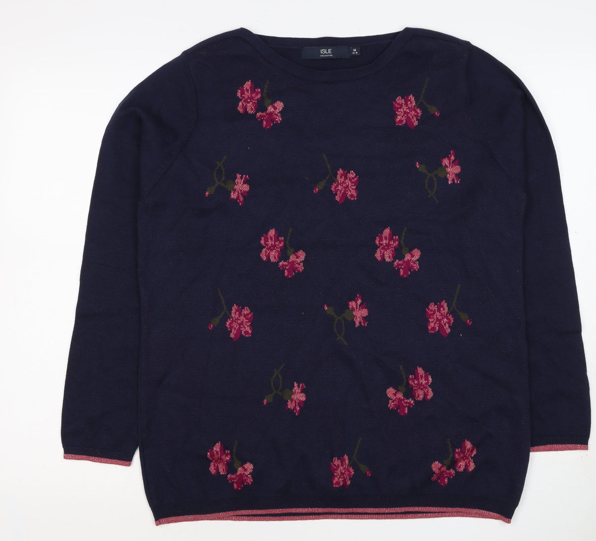 Isle Collection Women’s Blue Floral Glitter Knit Jumper UK 14 Pullover