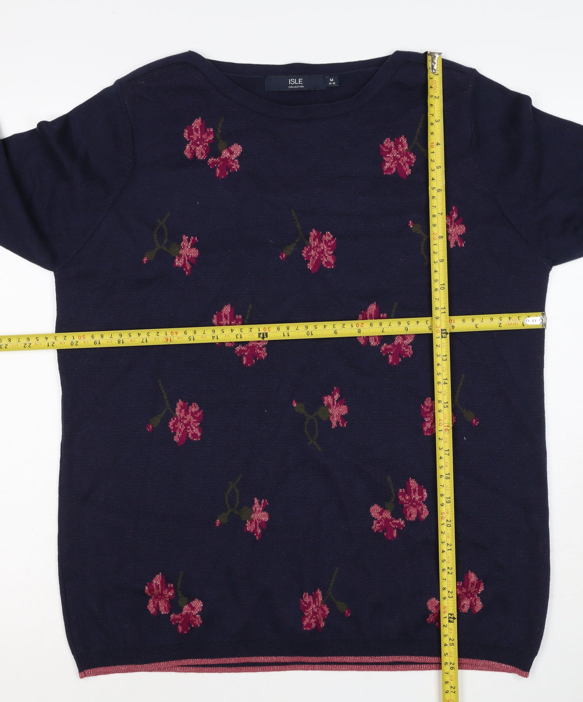 Isle Collection Women’s Blue Floral Glitter Knit Jumper UK 14 Pullover