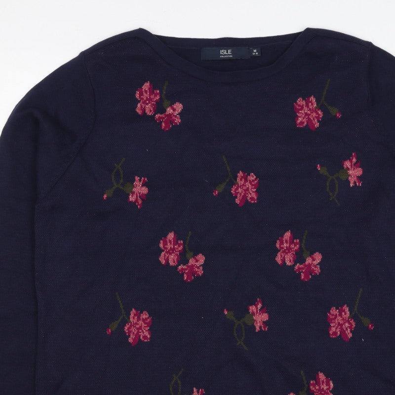 Isle Collection Women’s Blue Floral Glitter Knit Jumper UK 14 Pullover