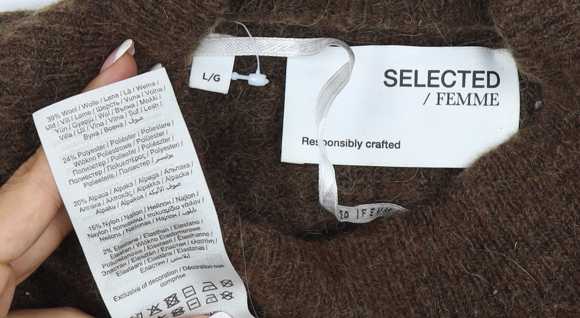 Selected Femme Women Brown L Wool Alpaca Blend Crew Neck Jumper