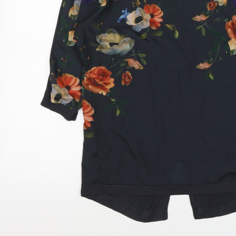 Oasis Women Black Size 8 Floral Back 3/4 Sleeve Knit Blouse