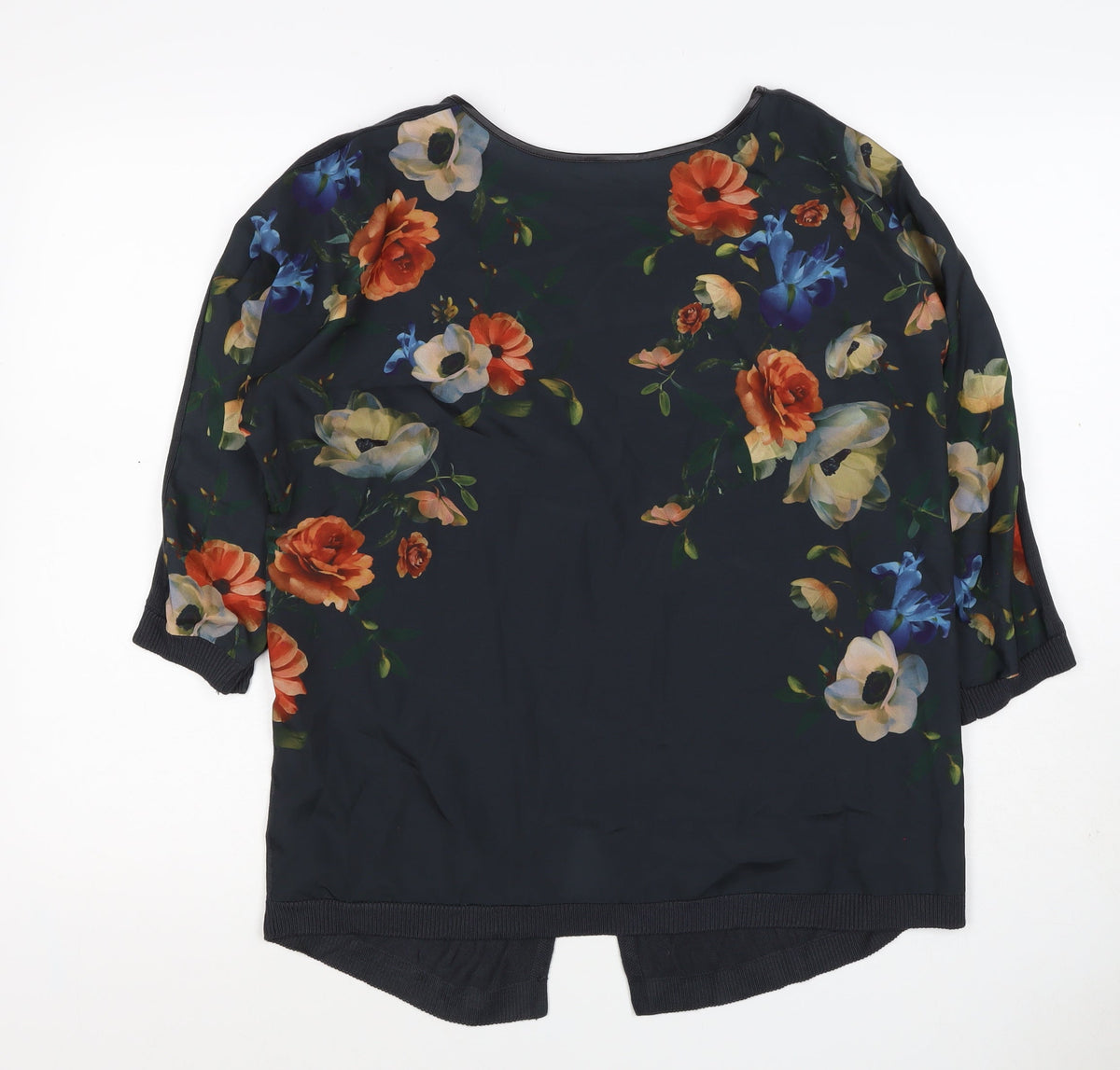 Oasis Women Black Size 8 Floral Back 3/4 Sleeve Knit Blouse