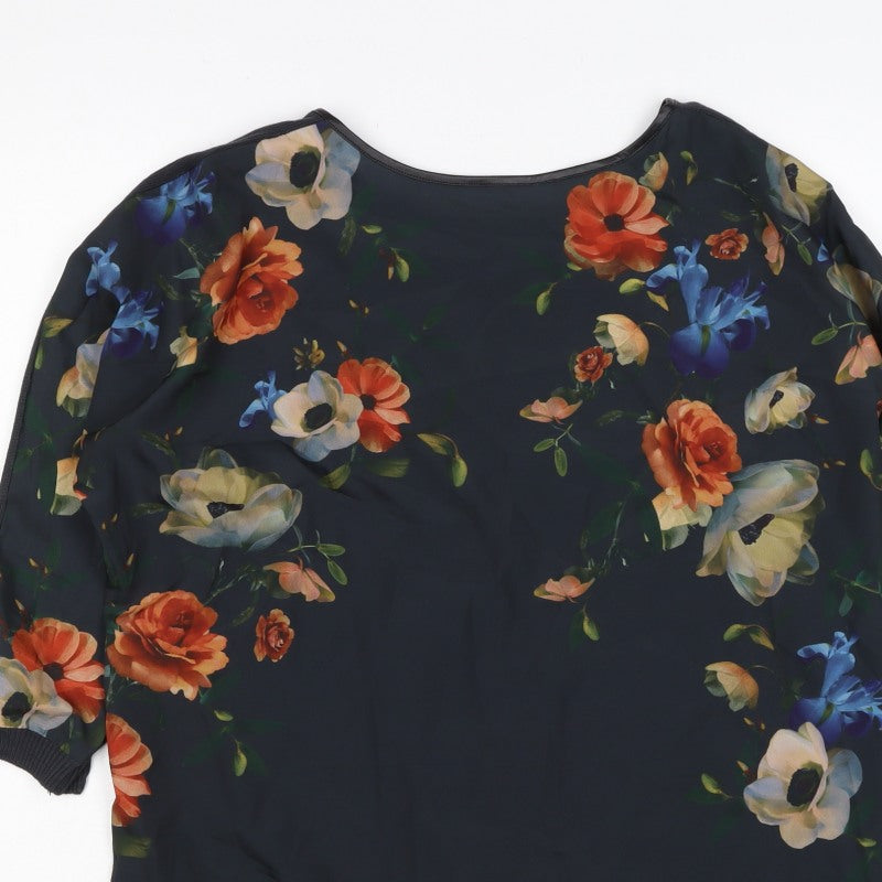 Oasis Women Black Size 8 Floral Back 3/4 Sleeve Knit Blouse