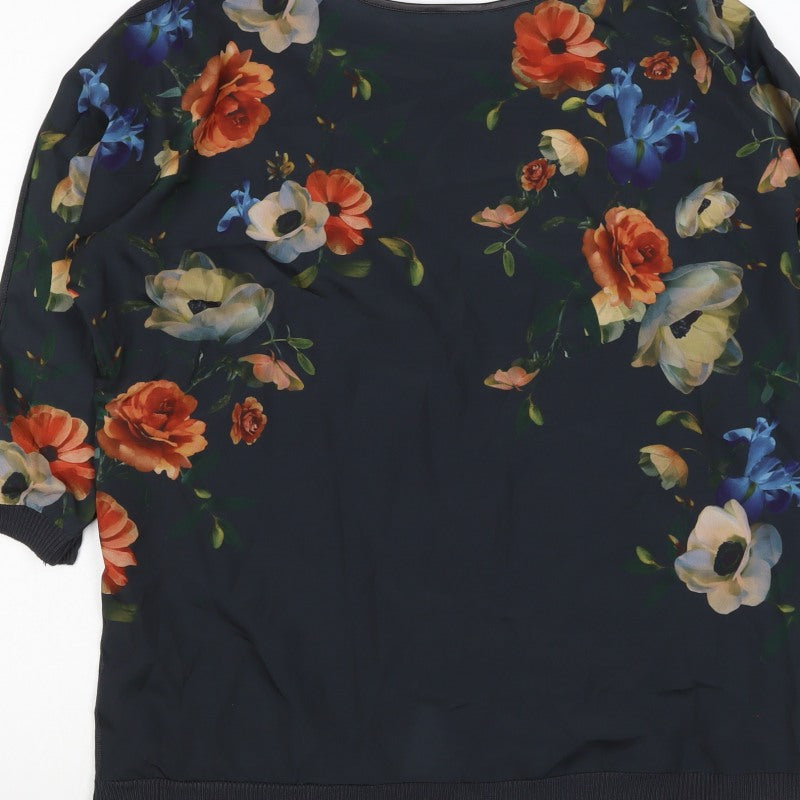 Oasis Women Black Size 8 Floral Back 3/4 Sleeve Knit Blouse