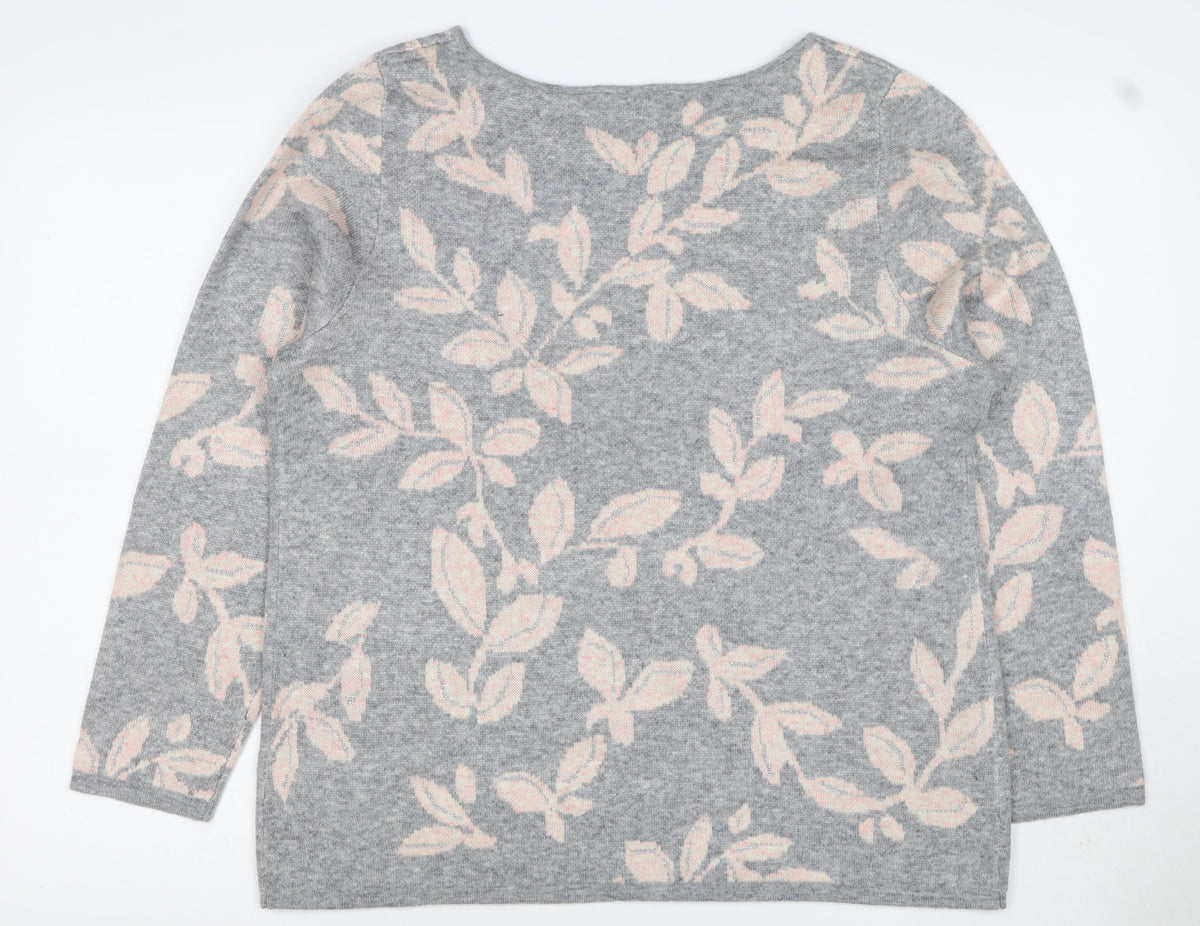 Bonmarché Women Grey Pink Floral Knit Jumper Size 16 Round Neck