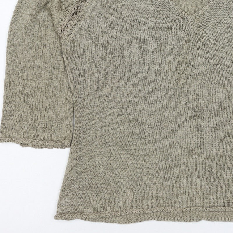 Planet Women Grey L V-Neck Open Knit 3/4 Sleeve Pullover Jumper