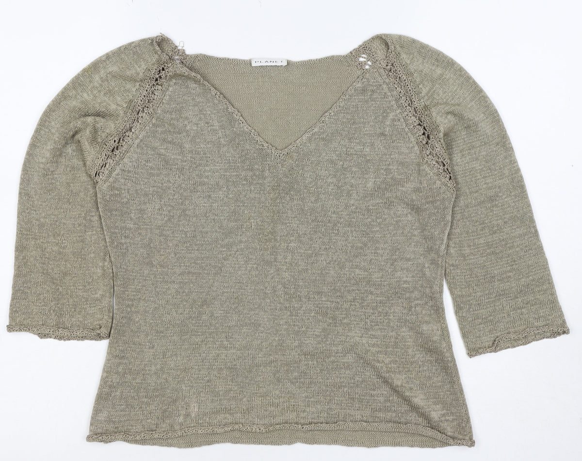 Planet Women Grey L V-Neck Open Knit 3/4 Sleeve Pullover Jumper