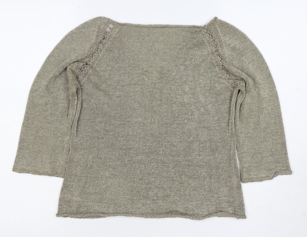 Planet Women Grey L V-Neck Open Knit 3/4 Sleeve Pullover Jumper
