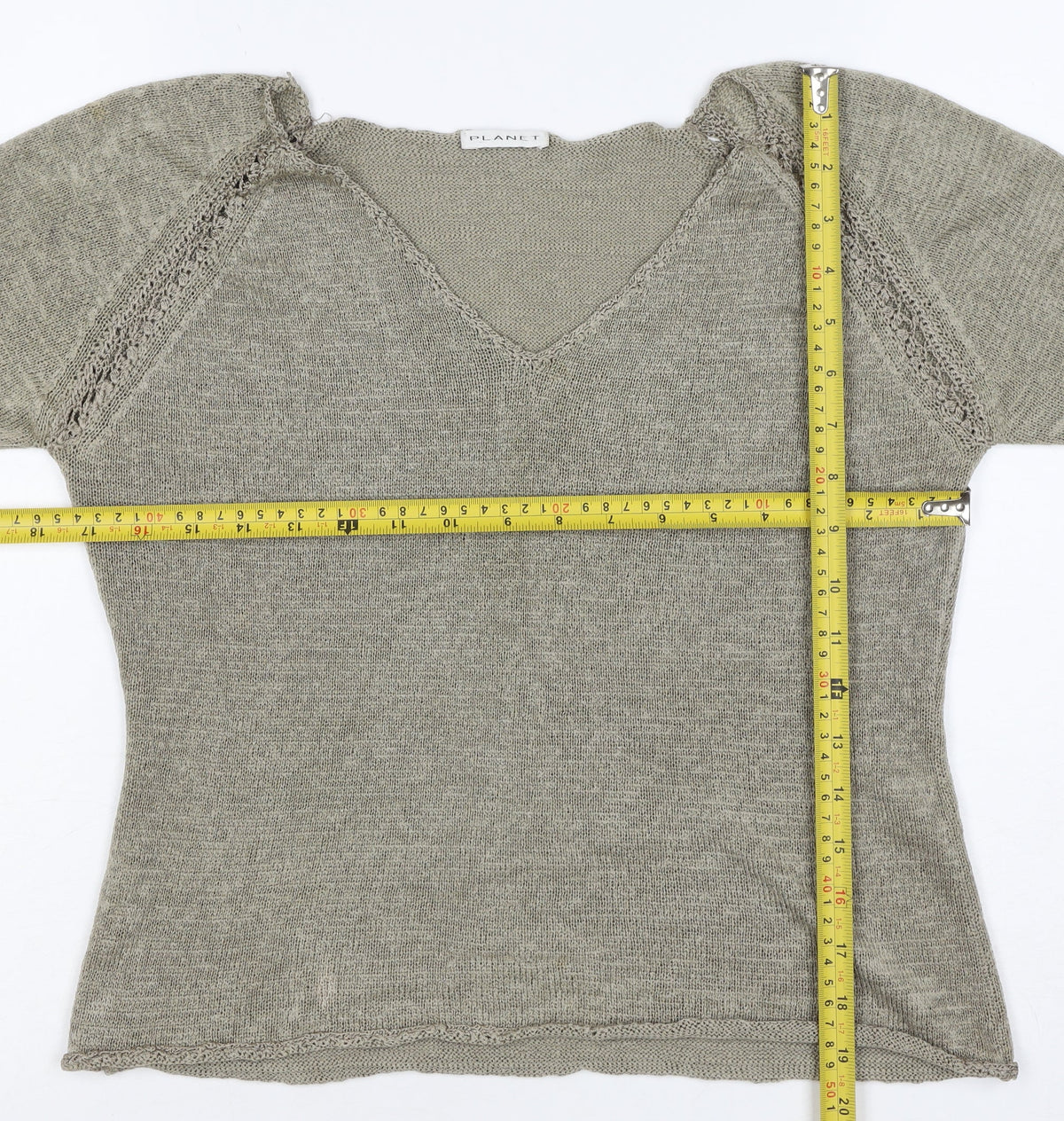 Planet Women Grey L V-Neck Open Knit 3/4 Sleeve Pullover Jumper