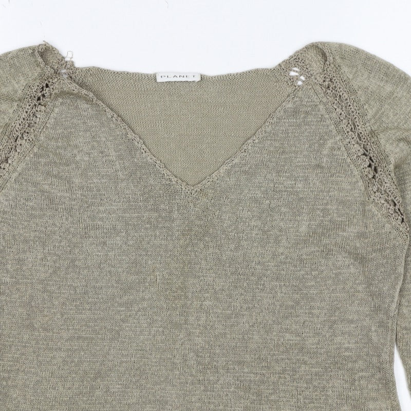 Planet Women Grey L V-Neck Open Knit 3/4 Sleeve Pullover Jumper
